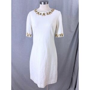 Eliza J Ivory Jewel Embellished Shift Dress Gold Beaded Neckline Size 8
